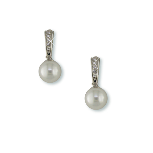 Faux Pearl Drop Earrings Hang from Six Pave Blue Luster Diamonds
